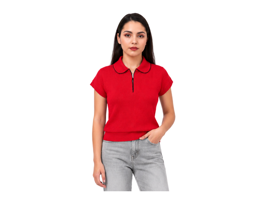 Short Sleeve Collar Zip Knit Top SCAR image 0