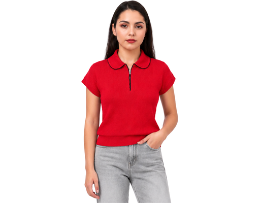 Short Sleeve Collar Zip Knit Top SCAR
